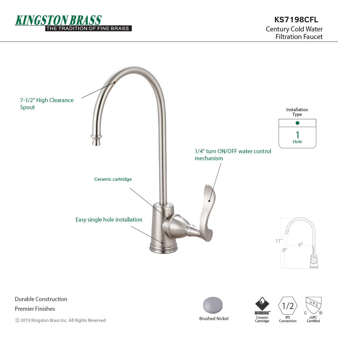 Kingston Tulare KS7198CFL - Century Single-Handle 1-Hole Deck Mount Water Filtration Faucet, Brushed Nickel — thumbnail 2